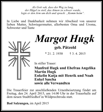 Traueranzeige von Margot Hugk von Südthüringer Presse
