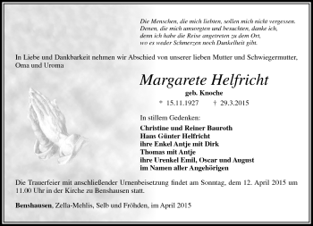 Traueranzeige von Margarete Helfricht von Südthüringer Presse