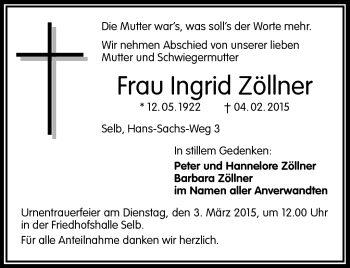 Traueranzeige von Ingrid Zöllner von Frankenpost