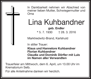 Traueranzeige von Lina Kuhbandner von Frankenpost