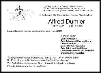 Traueranzeige von Alfred Dumler von Frankenpost