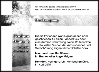 Traueranzeige von Jochen Wunsch von Südthüringer Presse