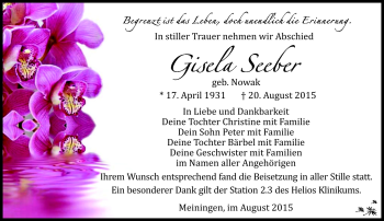 Traueranzeige von Gisela Seeber von Südthüringer Presse