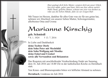 Traueranzeige von Marianne Kirsching von Südthüringer Presse