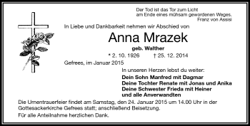 Traueranzeige von Anna Mrazek von Frankenpost