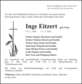 Traueranzeige von Inge Eitzert von Südthüringer Presse