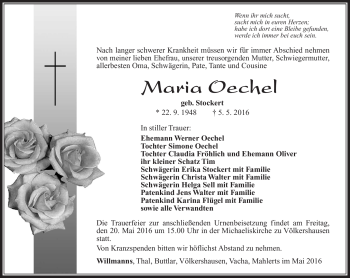 Traueranzeige von Maria Oechel von Südthüringer Presse