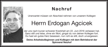 Traueranzeige von Erdogan Agcicek von Frankenpost