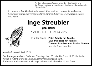 Traueranzeige von Inge Streubier von Neue Presse Coburg