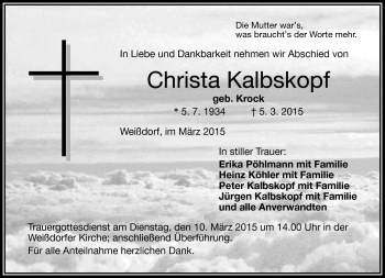 Traueranzeige von Christa Kalbskopf von Frankenpost