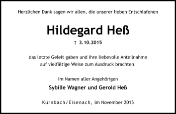 Traueranzeige von Hildegard Heß von Südthüringer Presse