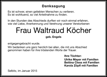 Traueranzeige von Waldtraud Köcher von Frankenpost