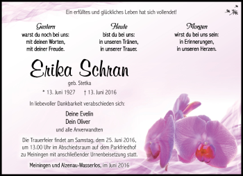 Traueranzeige von Erika Schran von Südthüringer Presse