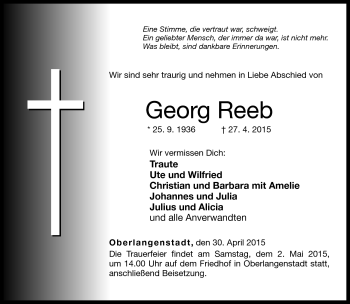 Traueranzeige von Georg Reeb von Neue Presse Coburg