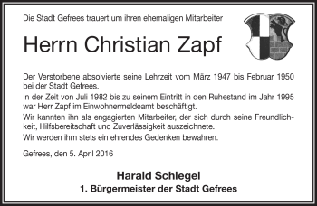 Traueranzeige von Christian Zapf von Frankenpost