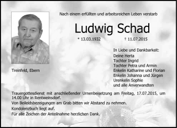 Traueranzeige von Ludwig Schad von Neue Presse Coburg