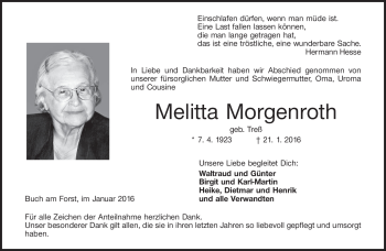 Traueranzeige von Melitta Morgenroth von Neue Presse Coburg
