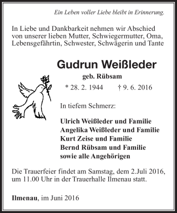 Traueranzeige von Gudrun Weißleder von Südthüringer Presse