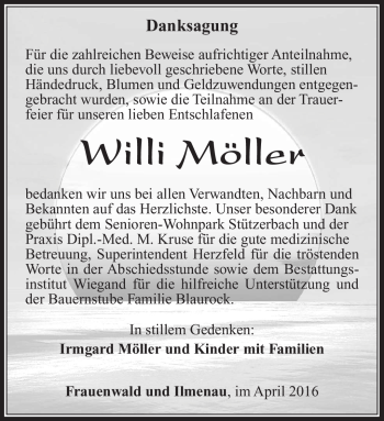 Traueranzeige von Willi Möller von Südthüringer Presse
