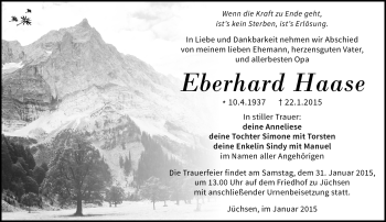Traueranzeige von Eberhard Haase von Südthüringer Presse