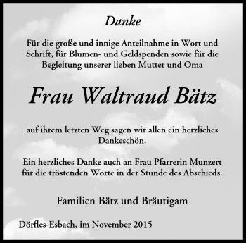 Traueranzeige von Waltraud Bätz von Neue Presse Coburg