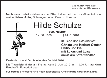 Traueranzeige von Hilde Schulze von Neue Presse Coburg