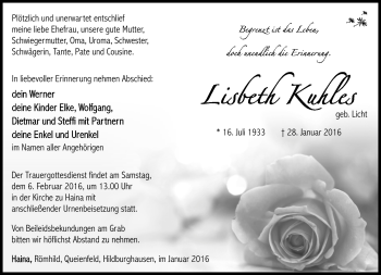 Traueranzeige von Liesbeth Kuhles von Südthüringer Presse