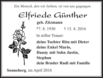 Traueranzeige von Elfriede Günther von Südthüringer Presse