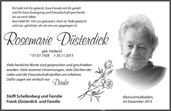 Traueranzeige von Rosemarie Düsterdick von Südthüringer Presse