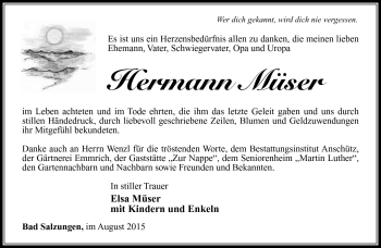 Traueranzeige von Hermann Müser von Südthüringer Presse