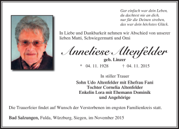 Traueranzeige von Anneliese Altenfelder von Südthüringer Presse