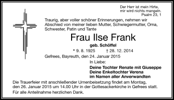 Traueranzeige von Ilse Frank von Frankenpost