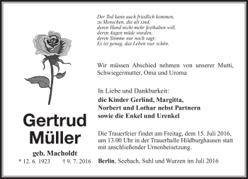 Traueranzeige von Gertrud Müller von Südthüringer Presse