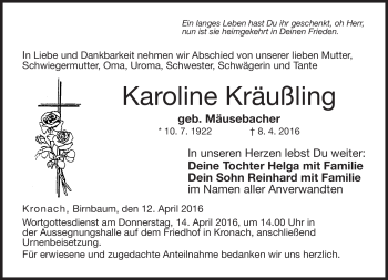Traueranzeige von Karoline Kräußling von Neue Presse Coburg
