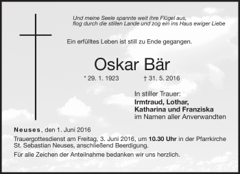 Traueranzeige von Oskar Bär von Neue Presse Coburg