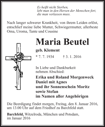 Traueranzeige von Maria Beutel von Südthüringer Presse