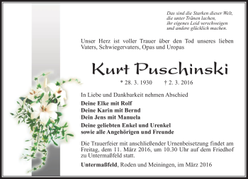 Traueranzeige von Kurt Puschinski von Südthüringer Presse