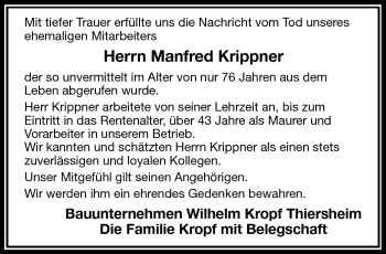 Traueranzeige von Manfred Krippner von Frankenpost
