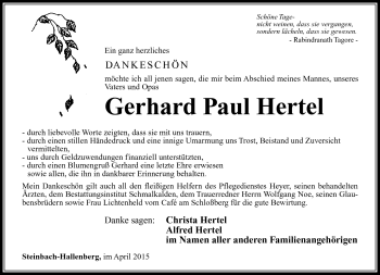 Traueranzeige von Gerhard Paul Hertel von Südthüringer Presse