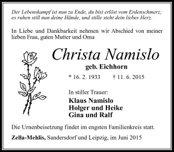 Traueranzeige von Christa Namislo von Südthüringer Presse