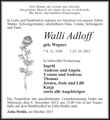Traueranzeige von Walli Adloff von Südthüringer Presse