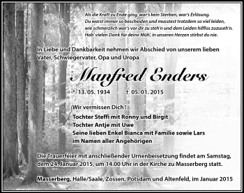 Traueranzeige von Manfred Enders von Südthüringer Presse