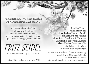 Traueranzeige von Fritz Seidel von Südthüringer Presse