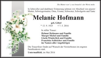 Traueranzeige von Melanie Hofmann von Südthüringer Presse