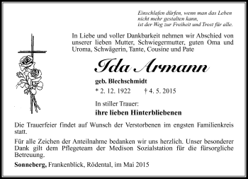 Traueranzeige von Ida Armann von Südthüringer Presse