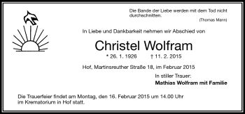 Traueranzeige von Christel Wolfram von Frankenpost