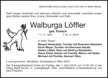 Traueranzeige von Walburga Löffler von Neue Presse Coburg