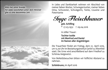 Traueranzeige von Inge Fleischhauer von Südthüringer Presse