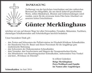 Traueranzeige von Günter Merklinghaus von Südthüringer Presse
