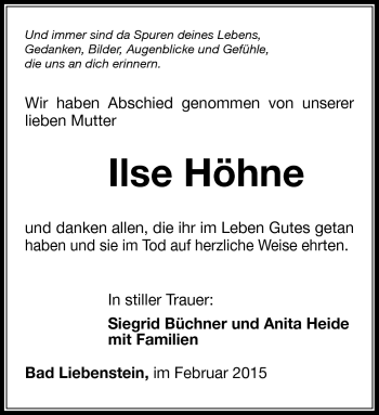 Traueranzeige von Ilse Höhne von Südthüringer Presse